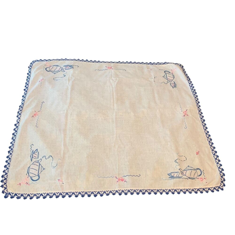 Vintage Linen Tea Towel Embroidered Tea Pots and Floral Country Farmhouse
